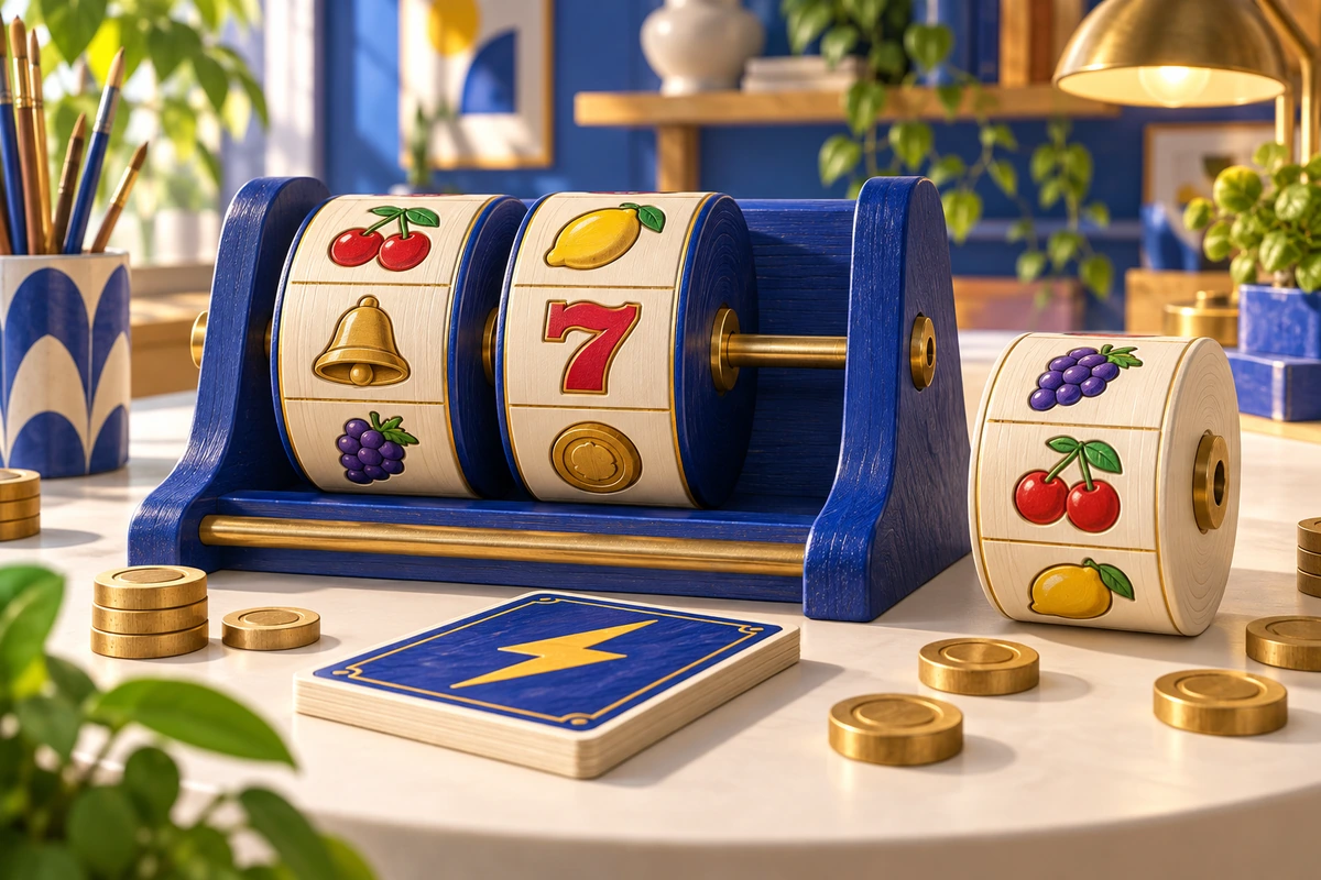 Qiravenolum: Detailed manually operated three-column symbol-reel mechanism on a tabletop