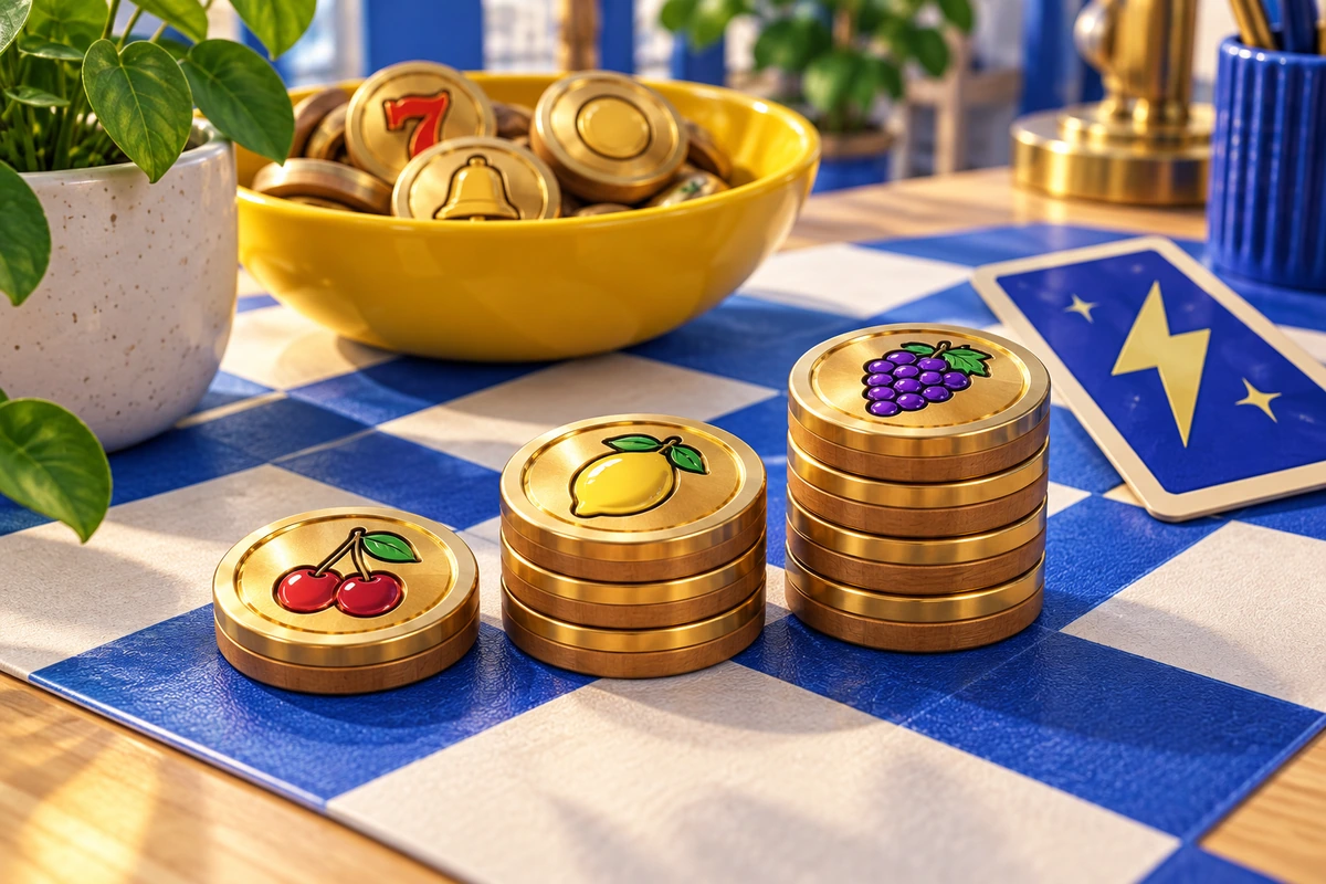 Qiravenolum: Thick wooden point coins arranged beside physical game supplies