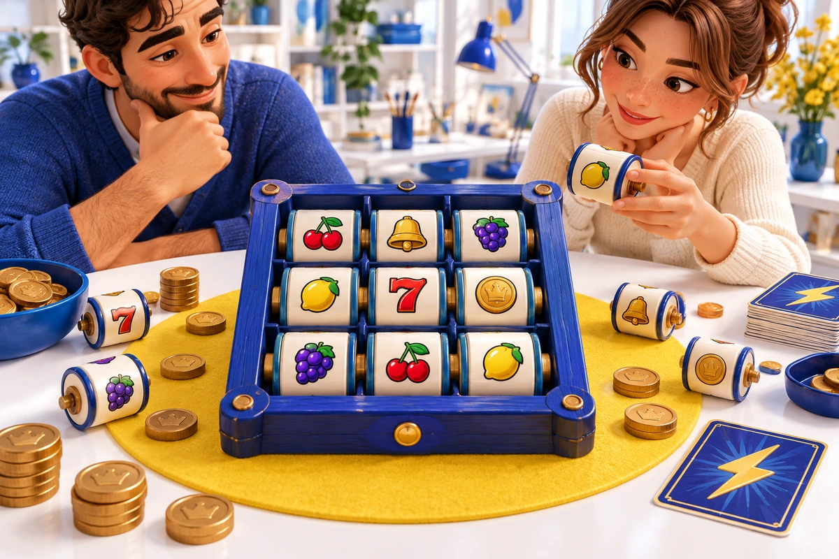 Qiravenolum: Original physical tabletop reel-board concept with colourful player trays and gold point markers