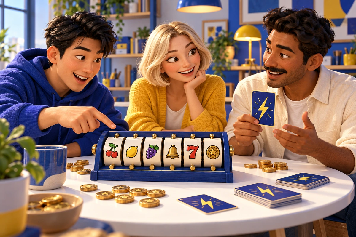Qiravenolum: Adult friends discussing a physical coin-and-reel board game together