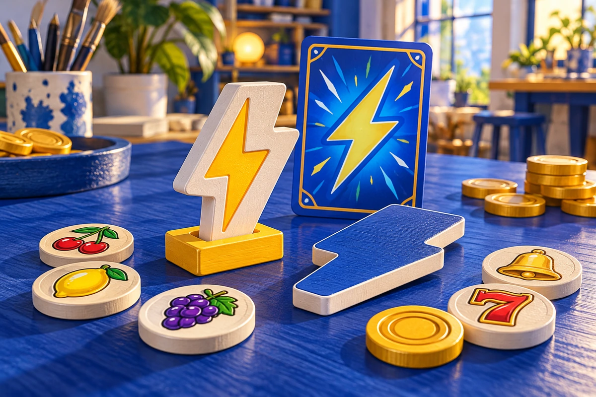 Qiravenolum: Physical lightning action card beside relevant symbol pieces and score markers