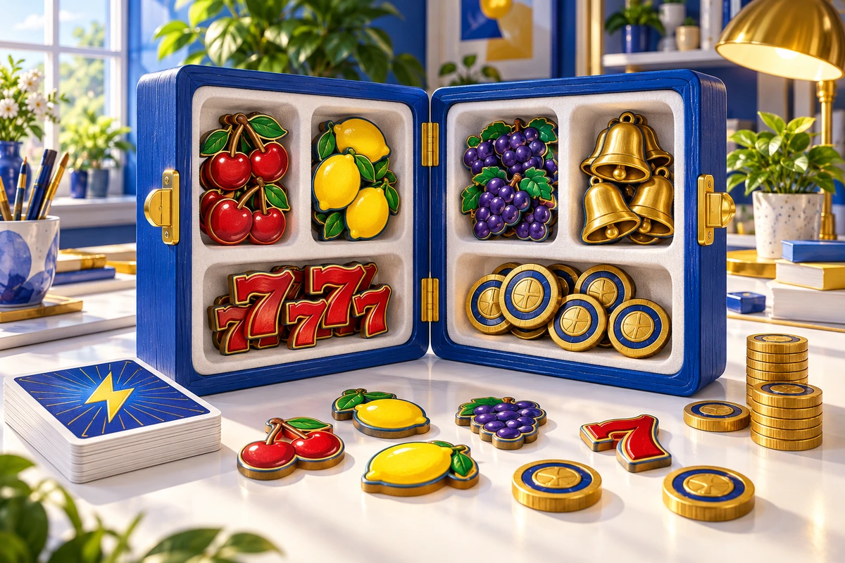 Qiravenolum: Six distinct tabletop emblem types: cherries, lemon, grapes, bell, seven and coin